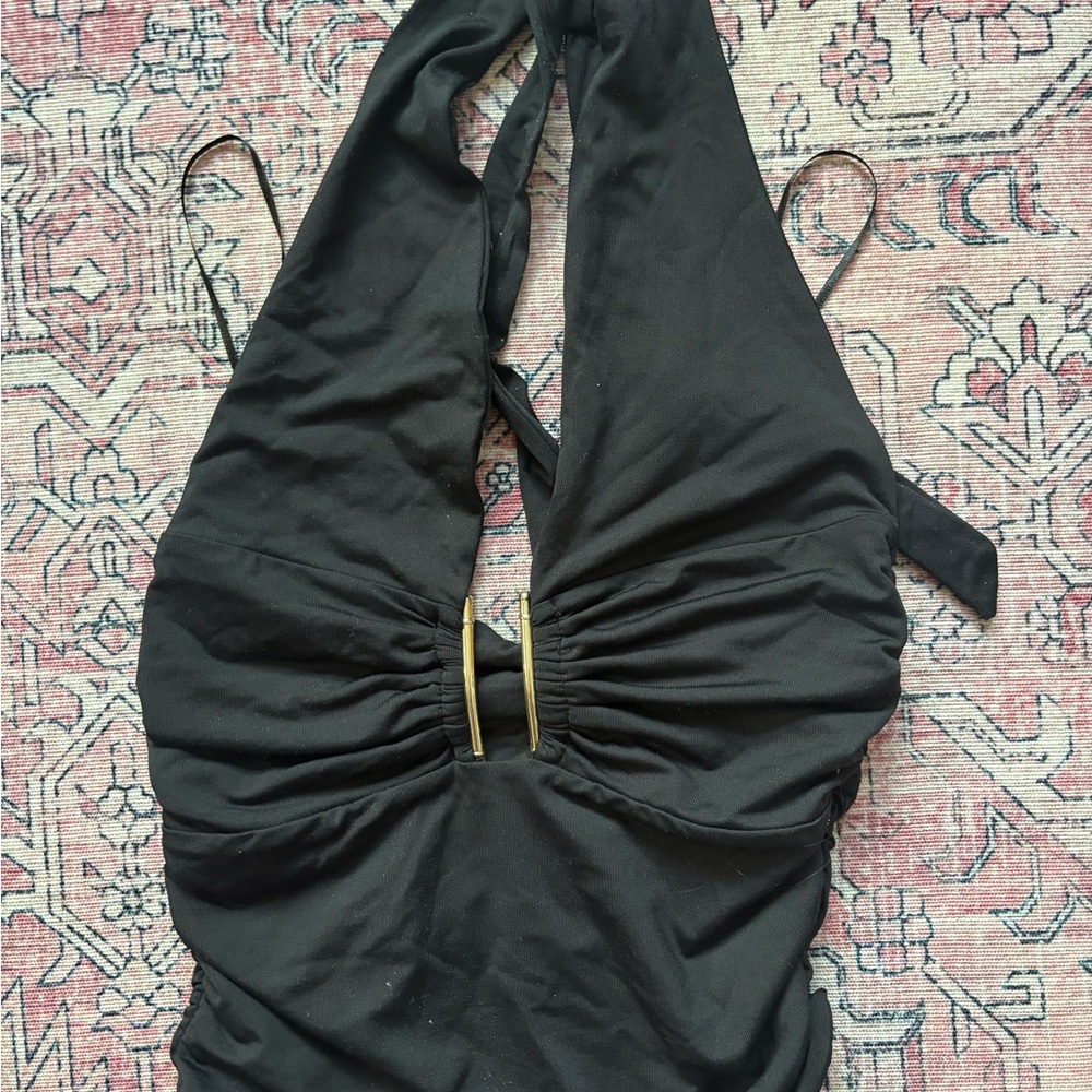Zara Black Ruched Halter Crop Top with Gold Accent